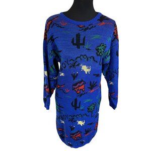 Vtg Midnight Blues Sweater Dress Womens Medium Southwestern Knit Blue Novelty